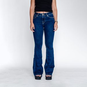 High Waisted Flare Jeans: Dark Blue Stretch Denim