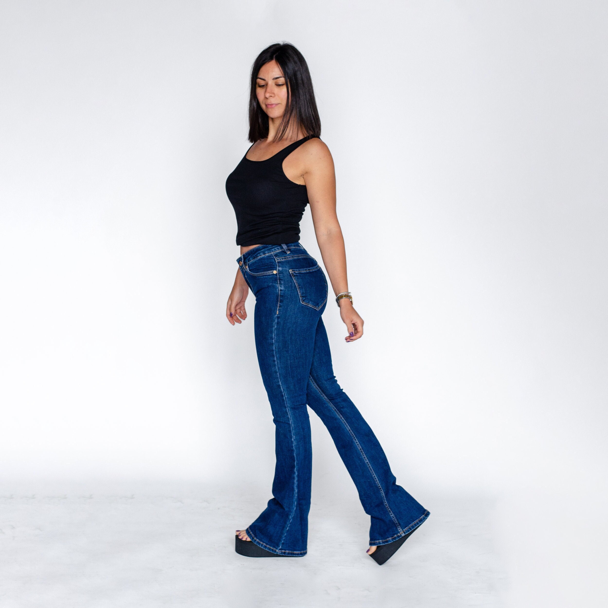High Waisted Flare Jeans: Dark Blue Stretch Denim