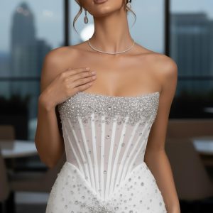 Handmade Rhinestone Corset Mini Dress: Strapless Bridal Gown